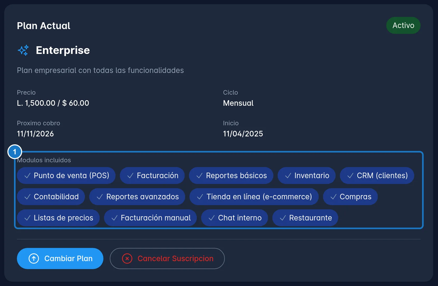 Tarjeta Plan Actual de Mi Suscripcion, con el nombre del plan, el precio, el ciclo y, marcada con el 1, la lista Modulos incluidos.