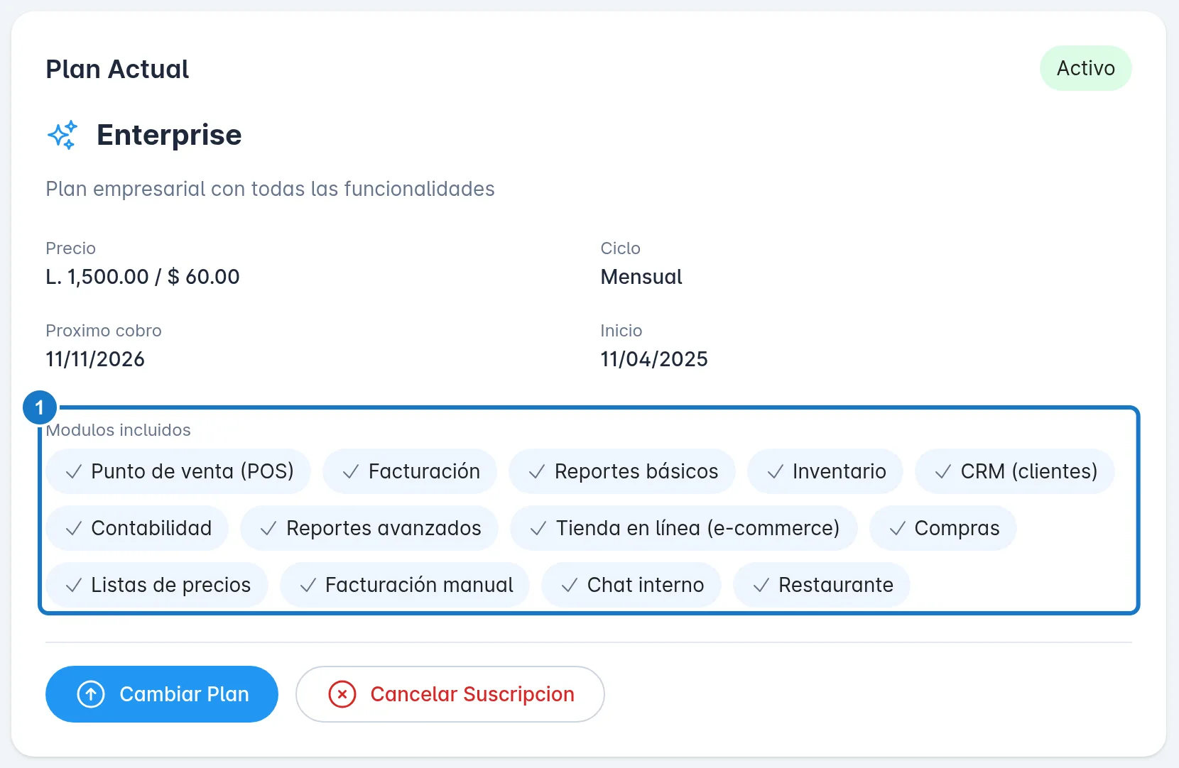 Tarjeta Plan Actual de Mi Suscripcion, con el nombre del plan, el precio, el ciclo y, marcada con el 1, la lista Modulos incluidos.