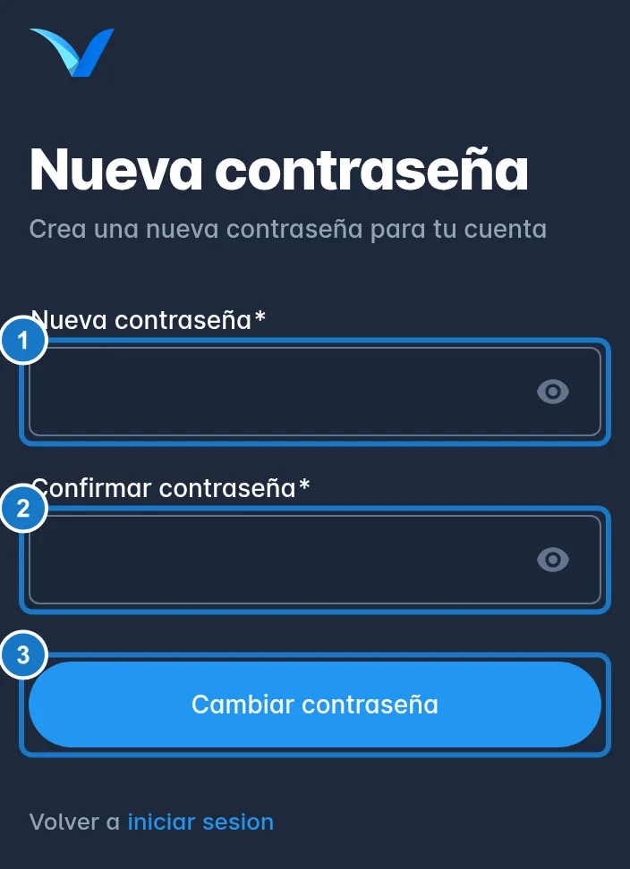 Pantalla Nueva contraseña, con el texto Crea una nueva contraseña para tu cuenta: 1, el campo Nueva contraseña; 2, el campo Confirmar contraseña; 3, el botón Cambiar contraseña.