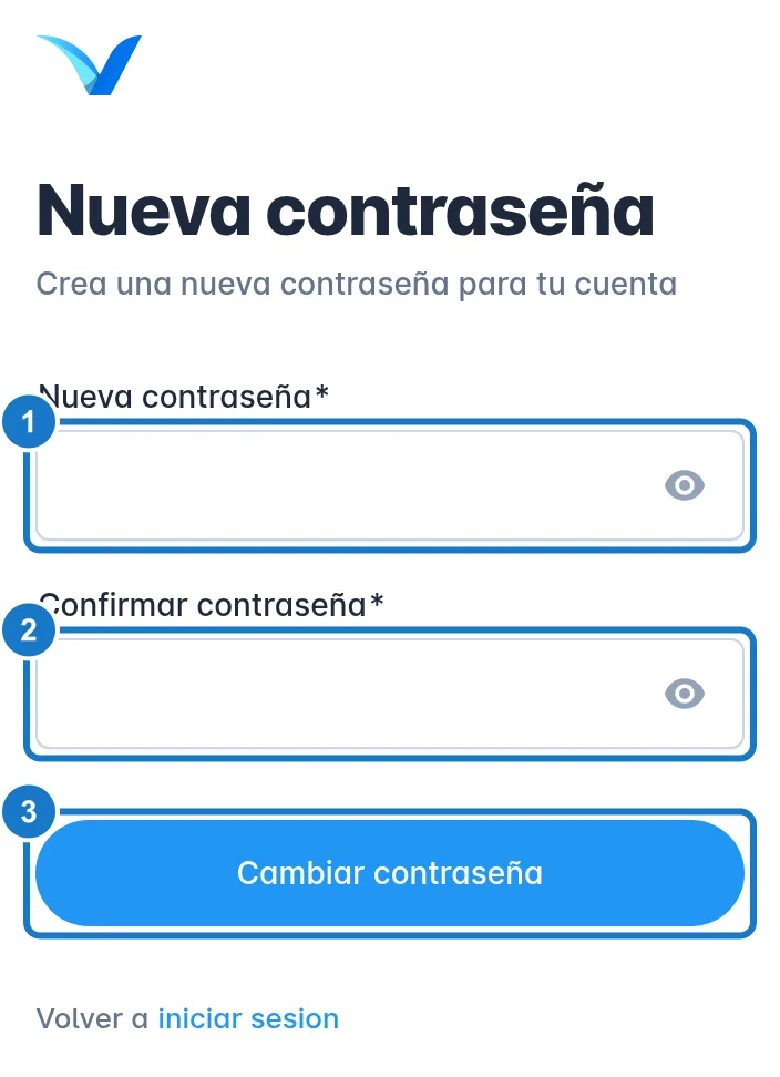 Pantalla Nueva contraseña, con el texto Crea una nueva contraseña para tu cuenta: 1, el campo Nueva contraseña; 2, el campo Confirmar contraseña; 3, el botón Cambiar contraseña.