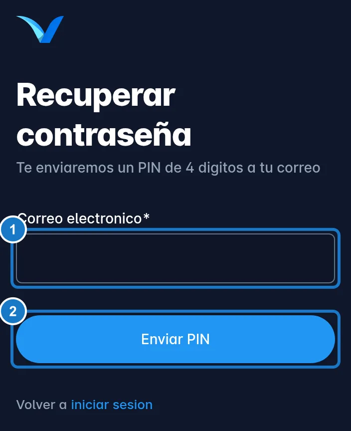 Pantalla Recuperar contraseña en un celular: 1, el campo Correo electronico; 2, el botón Enviar PIN.
