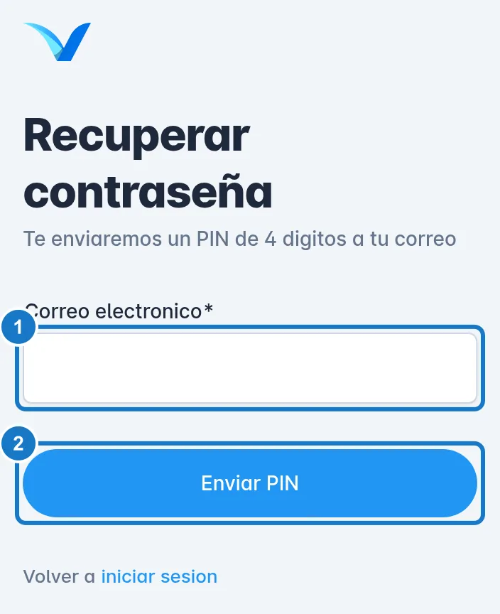 Pantalla Recuperar contraseña en un celular: 1, el campo Correo electronico; 2, el botón Enviar PIN.