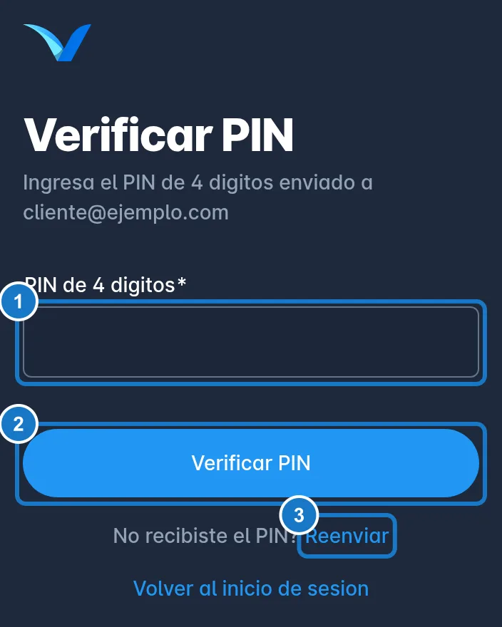 Pantalla Verificar PIN, con el texto Ingresa el PIN de 4 digitos enviado a tu correo: 1, el campo PIN de 4 digitos; 2, el botón Verificar PIN; 3, el enlace Reenviar para pedir otro PIN.