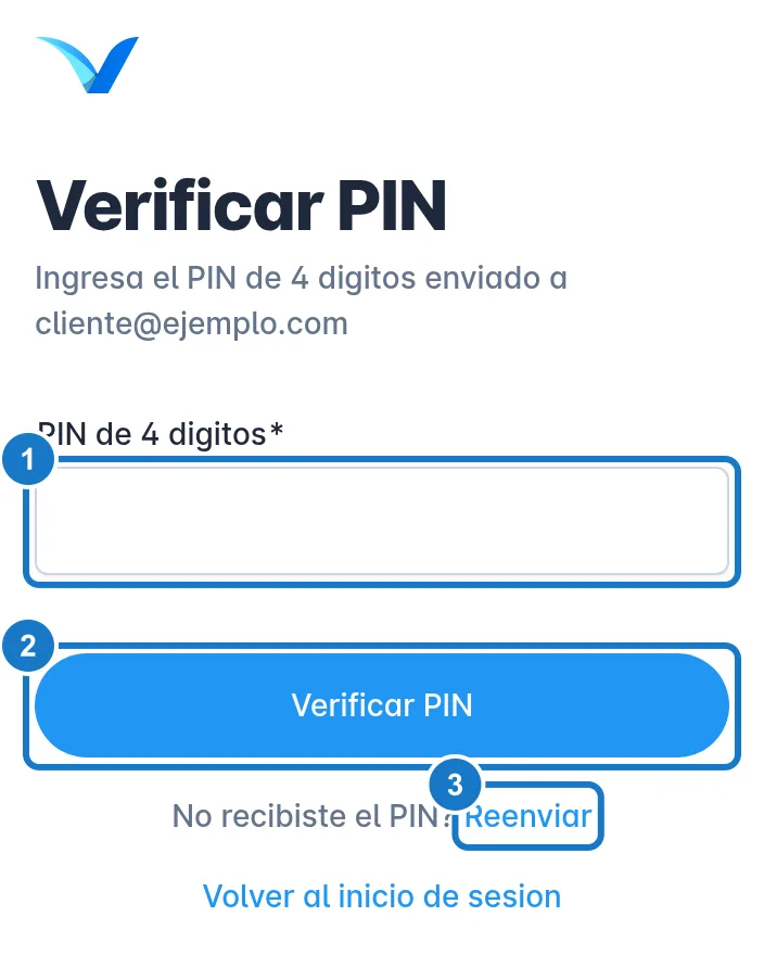 Pantalla Verificar PIN, con el texto Ingresa el PIN de 4 digitos enviado a tu correo: 1, el campo PIN de 4 digitos; 2, el botón Verificar PIN; 3, el enlace Reenviar para pedir otro PIN.