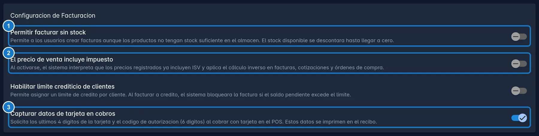 Tarjeta Configuracion de Facturacion de Mi Empresa con sus interruptores: 1, Permitir facturar sin stock; 2, El precio de venta incluye impuesto; 3, Capturar datos de tarjeta en cobros.