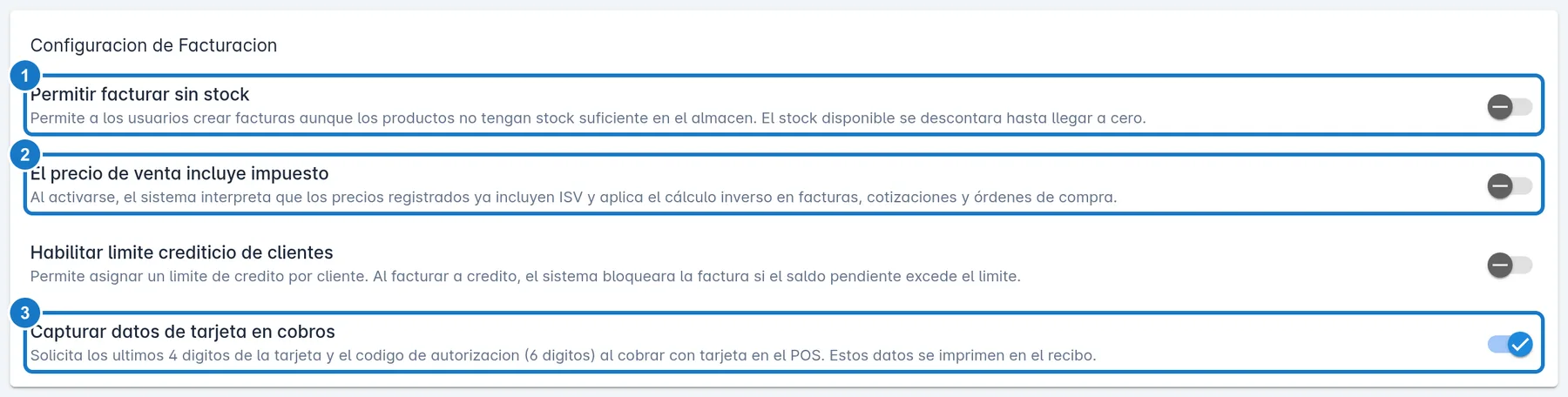 Tarjeta Configuracion de Facturacion de Mi Empresa con sus interruptores: 1, Permitir facturar sin stock; 2, El precio de venta incluye impuesto; 3, Capturar datos de tarjeta en cobros.