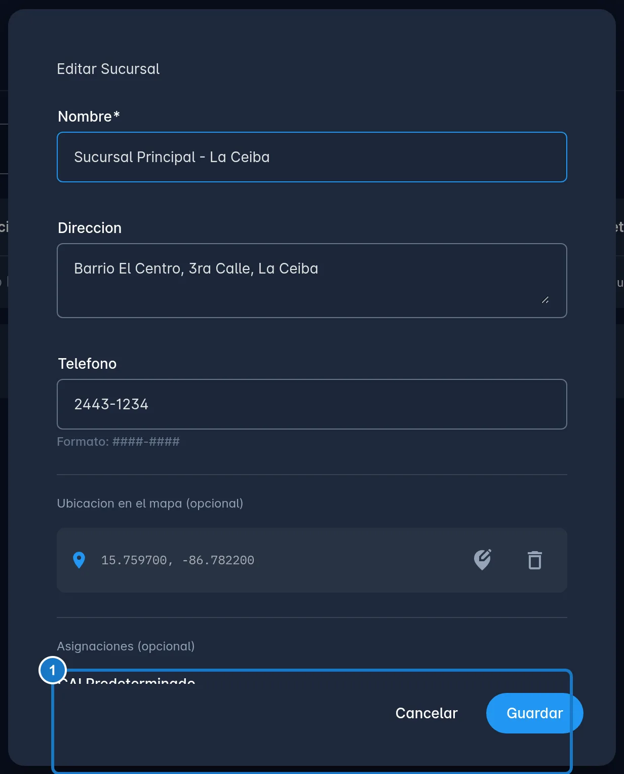 Diálogo Editar Sucursal de Ventix, con los campos Nombre, Direccion y Telefono arriba y la sección Asignaciones abajo; el 1 marca el campo CAI Predeterminado.