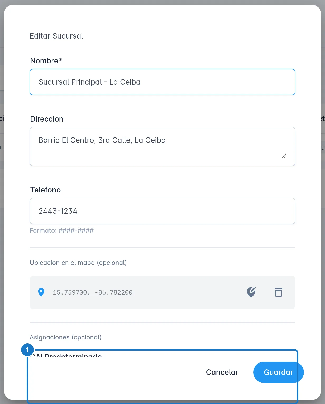 Diálogo Editar Sucursal de Ventix, con los campos Nombre, Direccion y Telefono arriba y la sección Asignaciones abajo; el 1 marca el campo CAI Predeterminado.