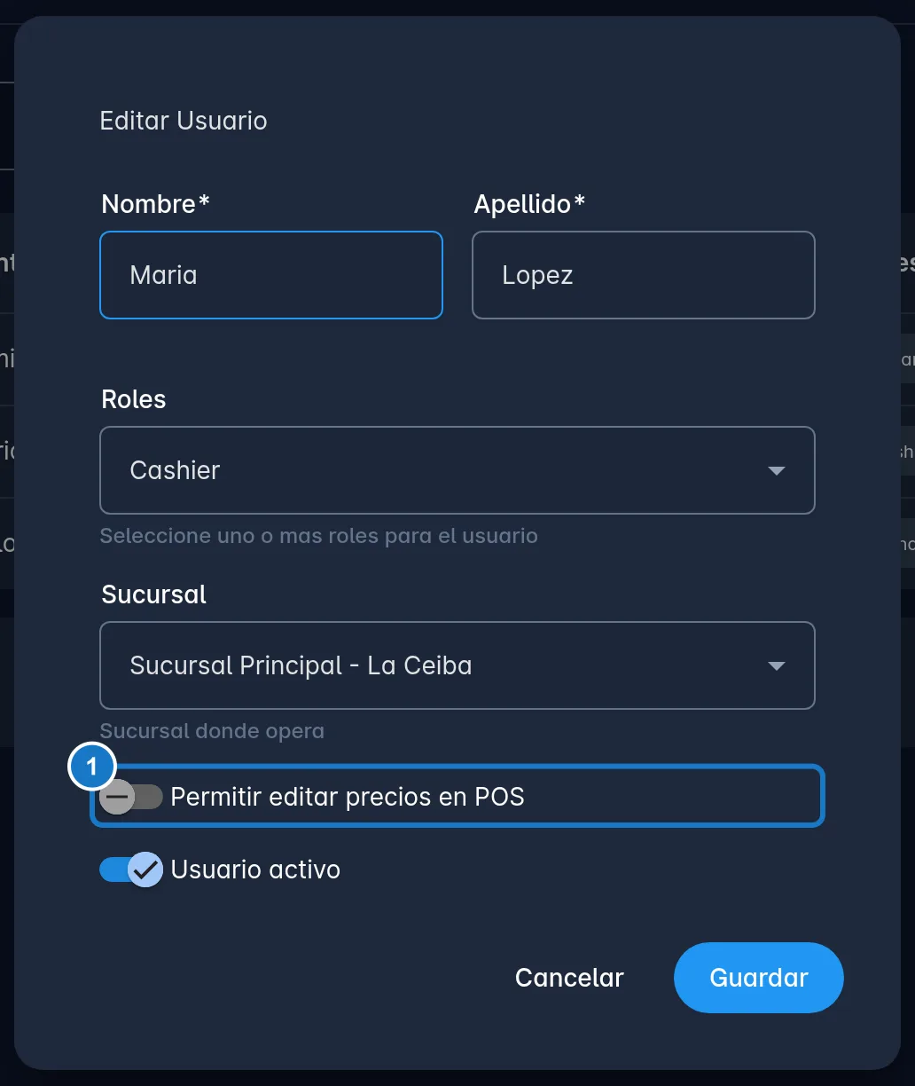Diálogo Editar Usuario de una cajera, con sus roles y su sucursal; el 1 marca el interruptor Permitir editar precios en POS.