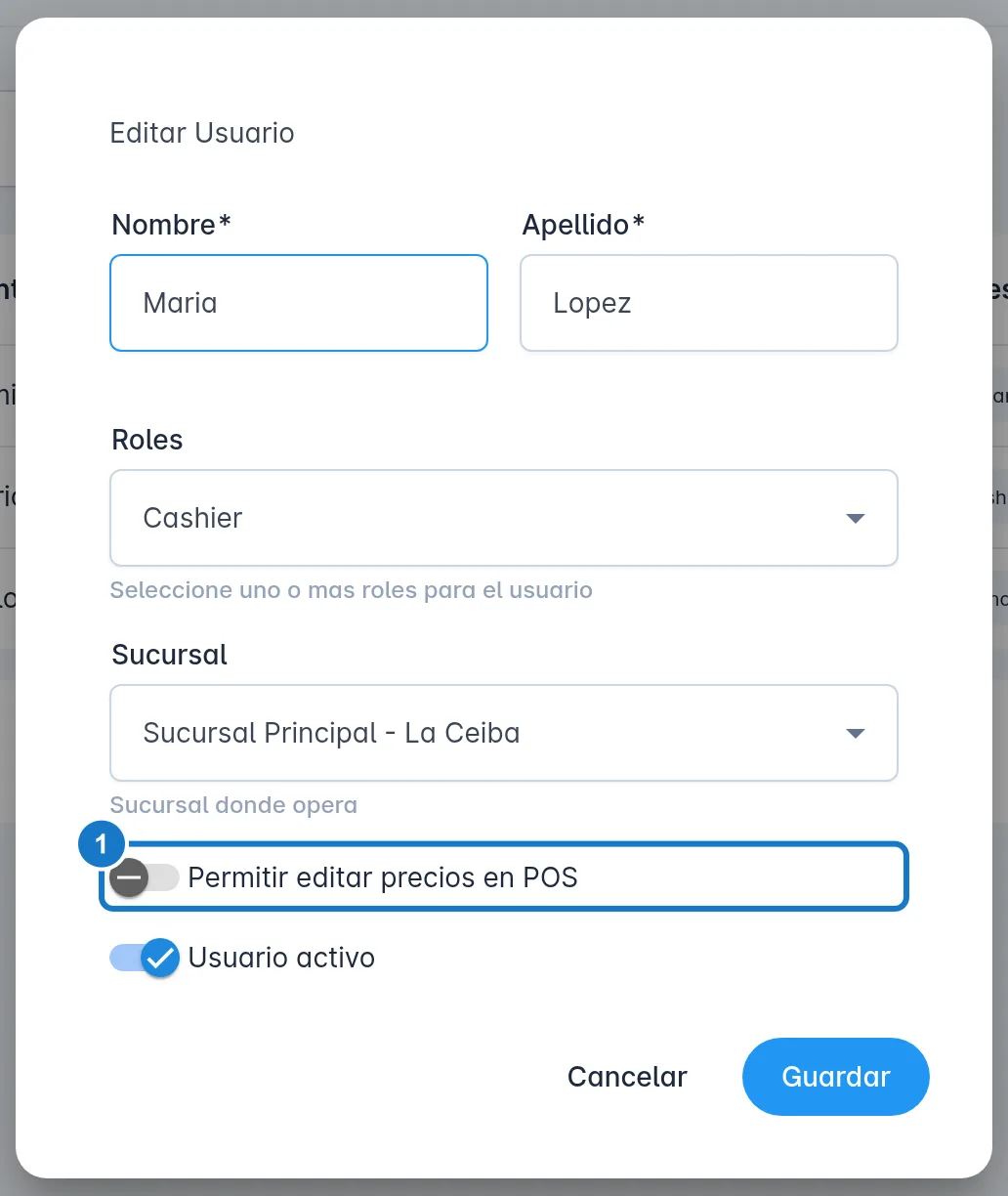 Diálogo Editar Usuario de una cajera, con sus roles y su sucursal; el 1 marca el interruptor Permitir editar precios en POS.
