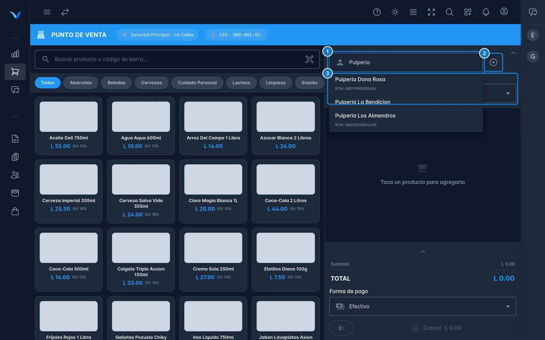 Punto de venta con el panel del cliente abierto: 1, el campo Buscar cliente con la lista de clientes que coinciden, cada uno con su RTN; 2, el botón Crear cliente rápido; 3, el selector CAI.
