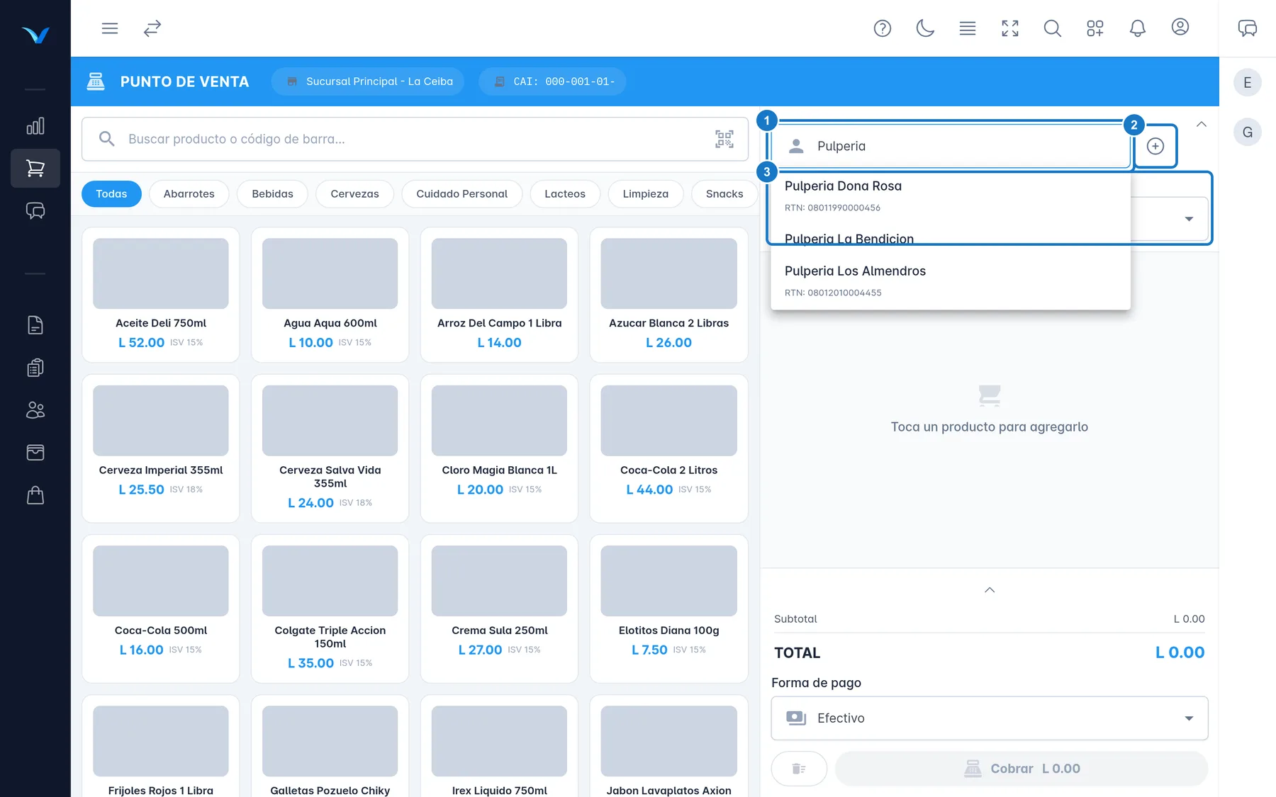 Punto de venta con el panel del cliente abierto: 1, el campo Buscar cliente con la lista de clientes que coinciden, cada uno con su RTN; 2, el botón Crear cliente rápido; 3, el selector CAI.