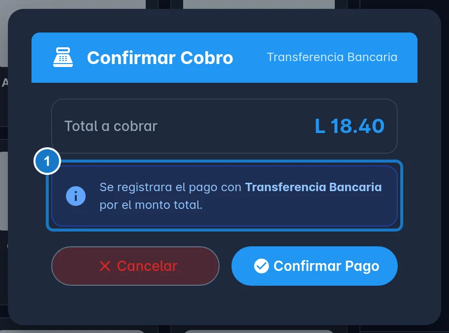 Diálogo Confirmar Cobro con Transferencia Bancaria; el 1 marca el recuadro azul que avisa que se registrará el pago por el monto total.