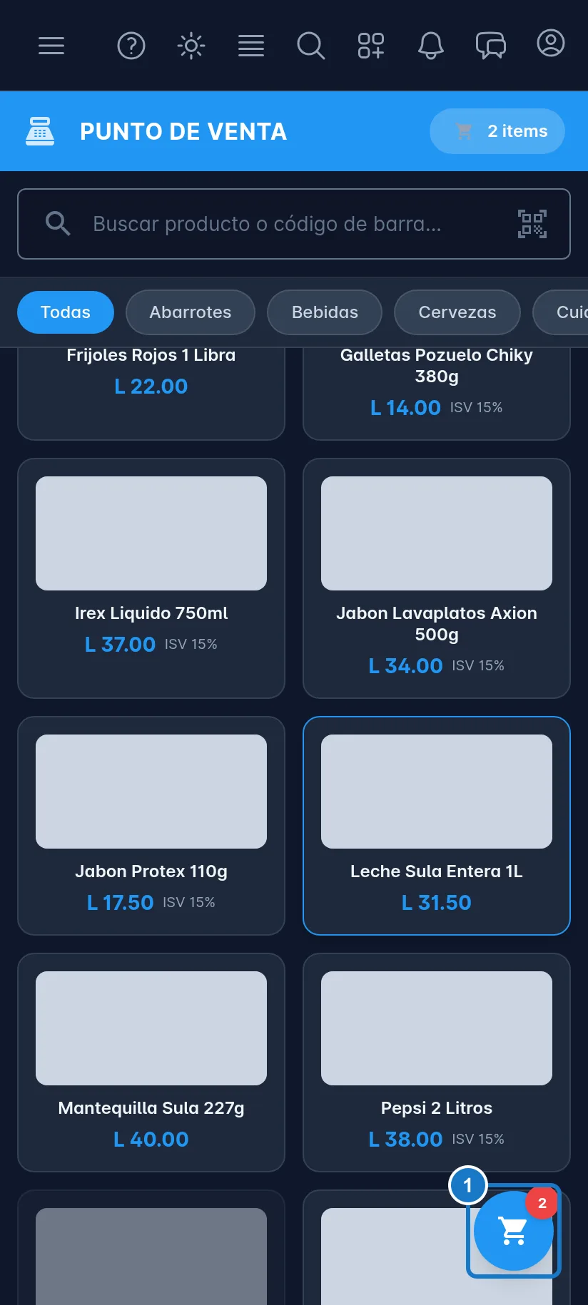 Punto de venta en un celular: la cuadrícula de productos ocupa toda la pantalla y, marcado con el 1, el botón redondo del carrito abajo a la derecha con el número de productos agregados.