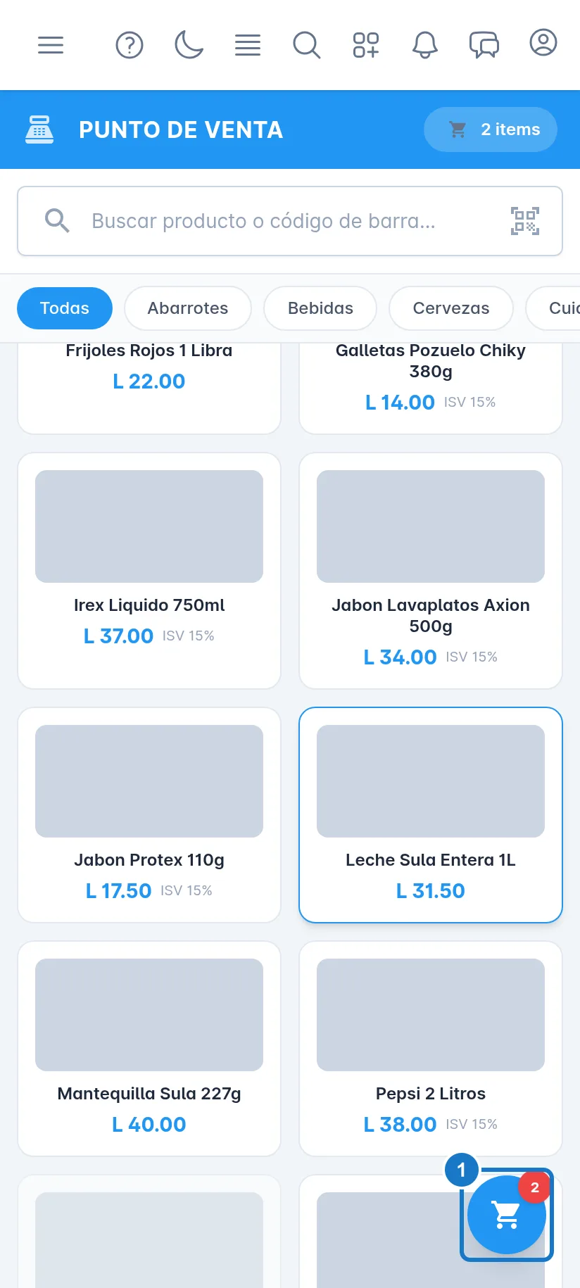 Punto de venta en un celular: la cuadrícula de productos ocupa toda la pantalla y, marcado con el 1, el botón redondo del carrito abajo a la derecha con el número de productos agregados.