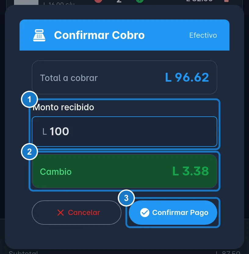 Diálogo Confirmar Cobro en un celular: 1, Monto recibido; 2, el Cambio en verde; 3, Confirmar Pago.