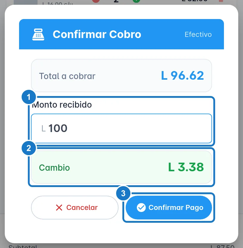 Diálogo Confirmar Cobro en un celular: 1, Monto recibido; 2, el Cambio en verde; 3, Confirmar Pago.