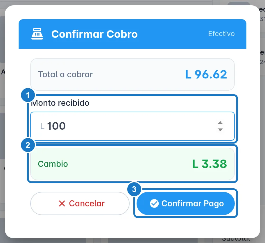Diálogo Confirmar Cobro en efectivo con el Total a cobrar arriba: 1, el campo Monto recibido; 2, el recuadro verde del Cambio; 3, el botón Confirmar Pago.